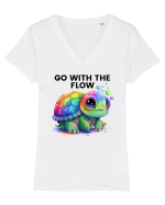 Broasca testoasa pictata in acuarela cu mesajul  Go with the Flow Tricou mânecă scurtă guler V Damă Evoker