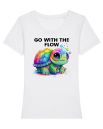 Broasca testoasa pictata in acuarela cu mesajul  Go with the Flow Tricou mânecă scurtă guler larg fitted Damă Expresser