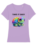 Broasca testoasa pictata in acuarela cu mesajul  Take it Easy Tricou mânecă scurtă guler larg fitted Damă Expresser