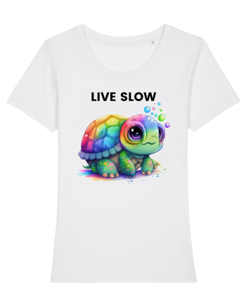 Broasca testoasa pictata in acuarela cu mesajul Live Slow White