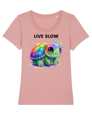 Broasca testoasa pictata in acuarela cu mesajul Live Slow Canyon Pink