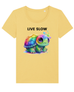 Broasca testoasa pictata in acuarela cu mesajul Live Slow Tricou mânecă scurtă guler larg fitted Damă Expresser