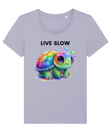 Broasca testoasa pictata in acuarela cu mesajul Live Slow Lavender