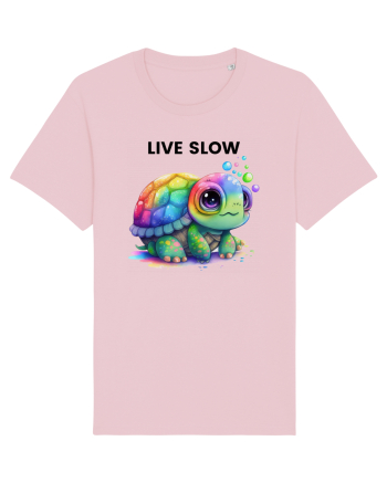 Broasca testoasa pictata in acuarela cu mesajul Live Slow Cotton Pink