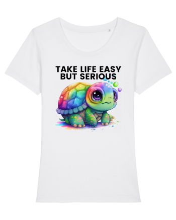 Broasca testoasa pictata in acuarela cu mesajul Take Life Easy but Serious White