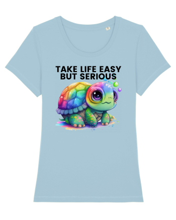 Broasca testoasa pictata in acuarela cu mesajul Take Life Easy but Serious Sky Blue