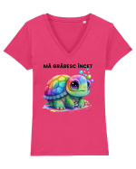 Broasca testoasa pictata in acuarela cu mesajul Ma grabesc Incet Tricou mânecă scurtă guler V Damă Evoker