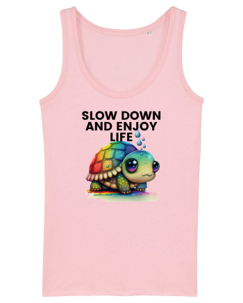 Broasca testoasa pictata in acuarela cu mesajul  Slow Down and Enjoy Life Cotton Pink