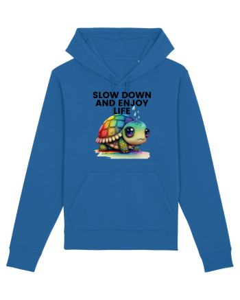 Broasca testoasa pictata in acuarela cu mesajul  Slow Down and Enjoy Life Royal Blue