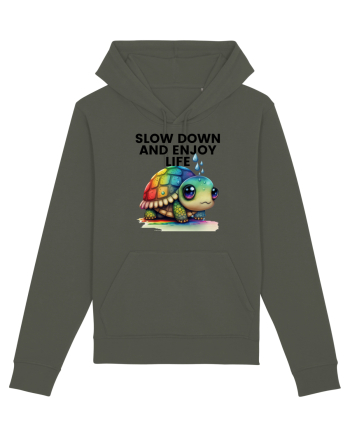 Broasca testoasa pictata in acuarela cu mesajul  Slow Down and Enjoy Life Khaki