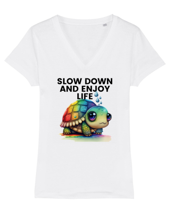 Broasca testoasa pictata in acuarela cu mesajul  Slow Down and Enjoy Life White