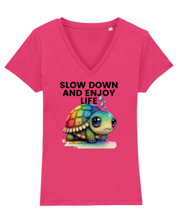 Broasca testoasa pictata in acuarela cu mesajul  Slow Down and Enjoy Life Raspberry