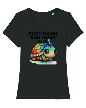 Broasca testoasa pictata in acuarela cu mesajul  Slow Down and Enjoy Life Black
