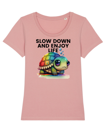 Broasca testoasa pictata in acuarela cu mesajul  Slow Down and Enjoy Life Canyon Pink