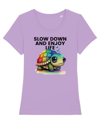 Broasca testoasa pictata in acuarela cu mesajul  Slow Down and Enjoy Life Lavender Dawn