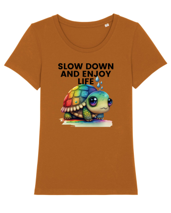 Broasca testoasa pictata in acuarela cu mesajul  Slow Down and Enjoy Life Roasted Orange