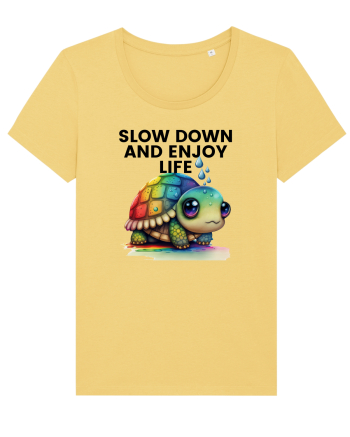 Broasca testoasa pictata in acuarela cu mesajul  Slow Down and Enjoy Life Jojoba
