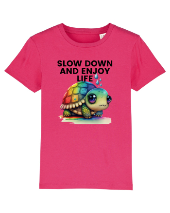 Broasca testoasa pictata in acuarela cu mesajul  Slow Down and Enjoy Life Raspberry