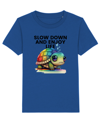 Broasca testoasa pictata in acuarela cu mesajul  Slow Down and Enjoy Life Majorelle Blue