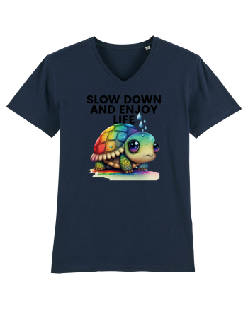 Broasca testoasa pictata in acuarela cu mesajul  Slow Down and Enjoy Life French Navy
