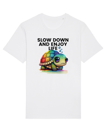 Broasca testoasa pictata in acuarela cu mesajul  Slow Down and Enjoy Life White