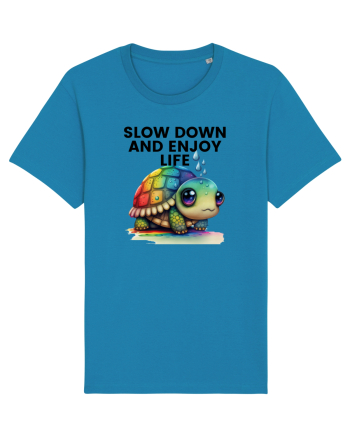 Broasca testoasa pictata in acuarela cu mesajul  Slow Down and Enjoy Life Azur