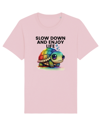 Broasca testoasa pictata in acuarela cu mesajul  Slow Down and Enjoy Life Cotton Pink
