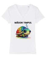 Broasca testoasa pictata in acuarela cu mesajul  Masor Timpul Tricou mânecă scurtă guler V Damă Evoker