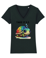 Broasca testoasa pictata in acuarela cu mesajul  Take it E.Z. Tricou mânecă scurtă guler V Damă Evoker