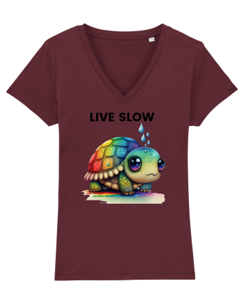 Broasca testoasa pictata in acuarela cu mesajul Live Slow Burgundy