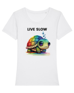 Broasca testoasa pictata in acuarela cu mesajul Live Slow Tricou mânecă scurtă guler larg fitted Damă Expresser