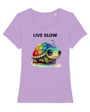 Broasca testoasa pictata in acuarela cu mesajul Live Slow Lavender Dawn