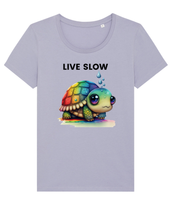 Broasca testoasa pictata in acuarela cu mesajul Live Slow Lavender