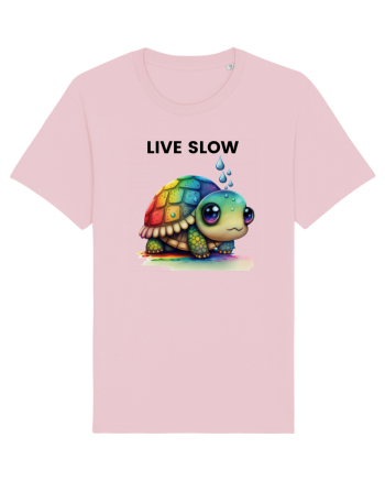 Broasca testoasa pictata in acuarela cu mesajul Live Slow Cotton Pink