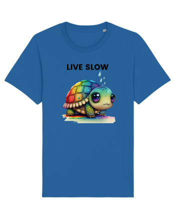 Broasca testoasa pictata in acuarela cu mesajul Live Slow Royal Blue