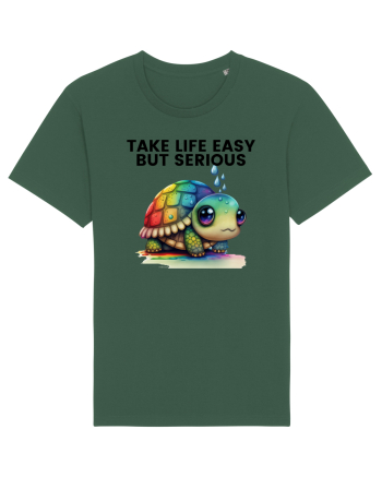 Broasca testoasa pictata in acuarela cu mesajul Take Life Easy but Serious Bottle Green