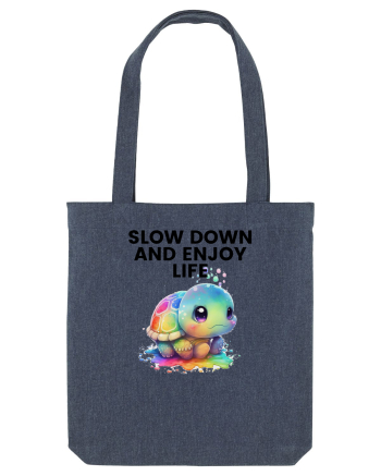 Broasca testoasa pictata in acuarela cu mesajul  Slow Down and Enjoy Life Midnight Blue