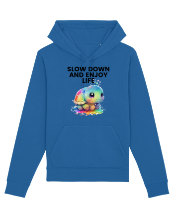 Broasca testoasa pictata in acuarela cu mesajul  Slow Down and Enjoy Life Royal Blue