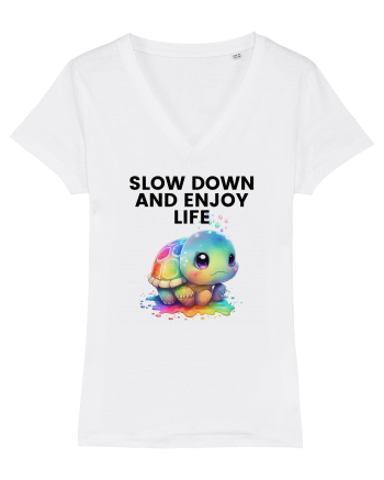 Broasca testoasa pictata in acuarela cu mesajul  Slow Down and Enjoy Life White