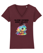 Broasca testoasa pictata in acuarela cu mesajul  Slow Down and Enjoy Life Tricou mânecă scurtă guler V Damă Evoker