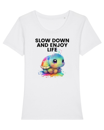 Broasca testoasa pictata in acuarela cu mesajul  Slow Down and Enjoy Life White