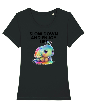 Broasca testoasa pictata in acuarela cu mesajul  Slow Down and Enjoy Life Black
