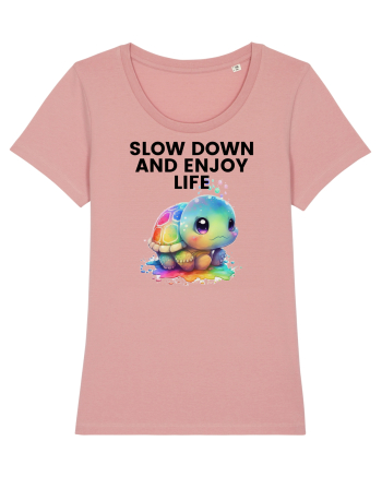 Broasca testoasa pictata in acuarela cu mesajul  Slow Down and Enjoy Life Canyon Pink