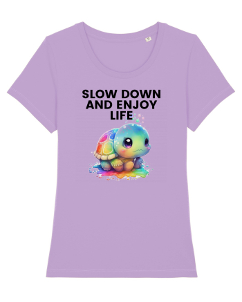 Broasca testoasa pictata in acuarela cu mesajul  Slow Down and Enjoy Life Lavender Dawn