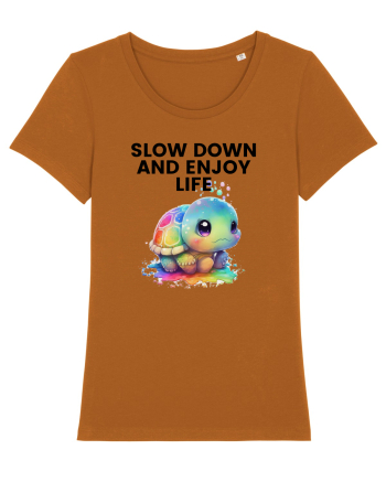 Broasca testoasa pictata in acuarela cu mesajul  Slow Down and Enjoy Life Roasted Orange