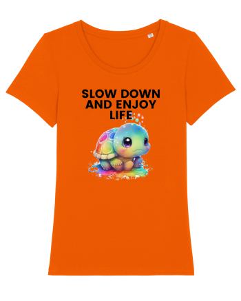 Broasca testoasa pictata in acuarela cu mesajul  Slow Down and Enjoy Life Bright Orange