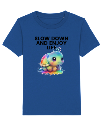Broasca testoasa pictata in acuarela cu mesajul  Slow Down and Enjoy Life Majorelle Blue