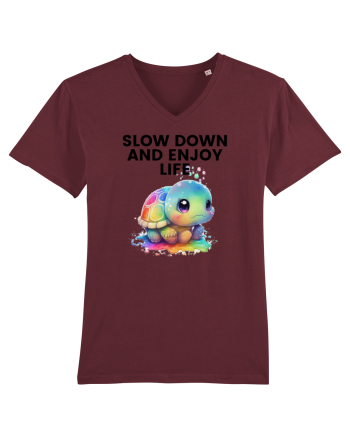 Broasca testoasa pictata in acuarela cu mesajul  Slow Down and Enjoy Life Burgundy