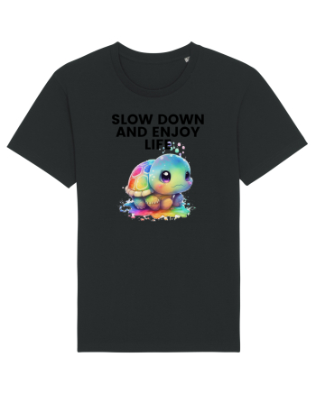 Broasca testoasa pictata in acuarela cu mesajul  Slow Down and Enjoy Life Black