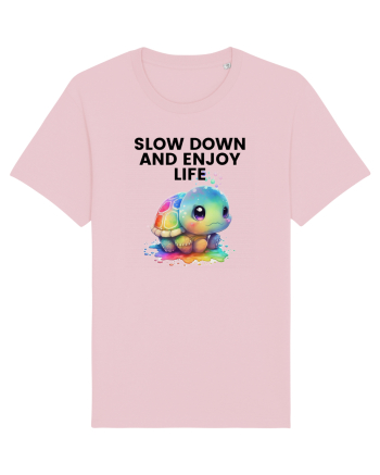 Broasca testoasa pictata in acuarela cu mesajul  Slow Down and Enjoy Life Cotton Pink